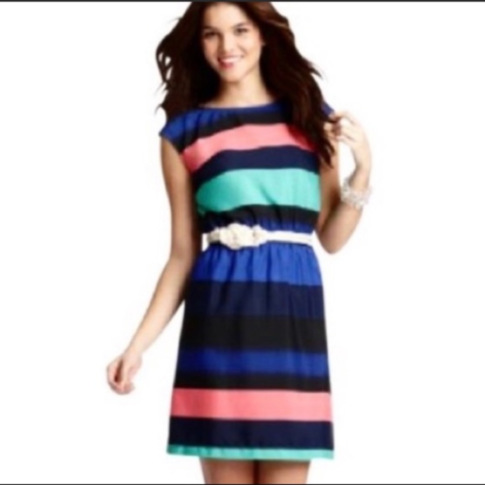 LOFT stripe dress w cap sleeve black coral blues green - year round, Size Medium